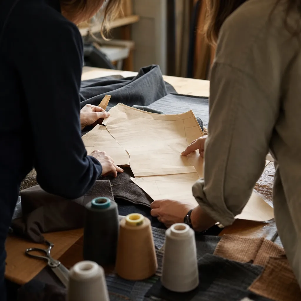 Two workshop staff reviewing a garment pattern and fabric swatches together over a cutting table.