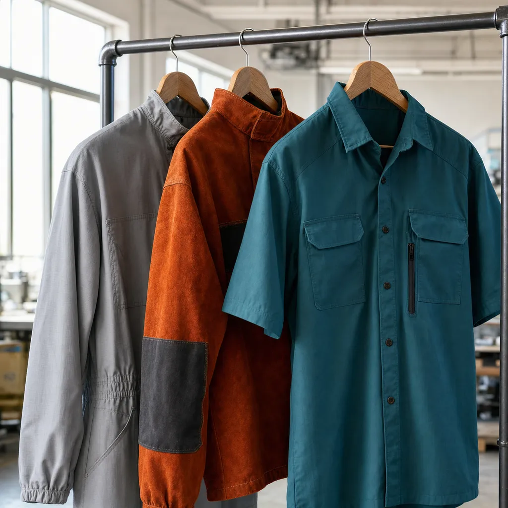A rail of finished industrial garments in grey, rust-orange and teal hanging in a bright workshop.