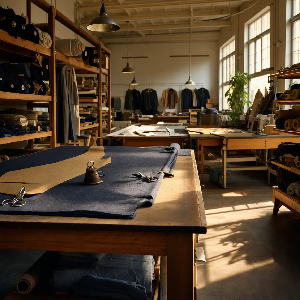 Wide view of the Houston workshop — cutting tables, fabric shelving and hanging finished garments in warm light.