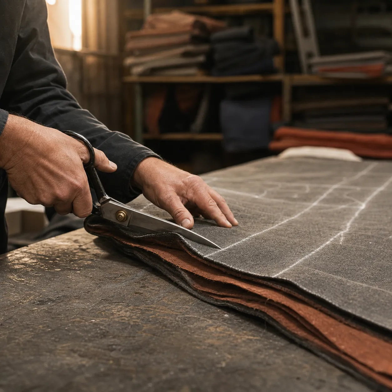 A cutting-table view of heavy protective workwear fabric being marked and shaped by hand in a Houston workshop.