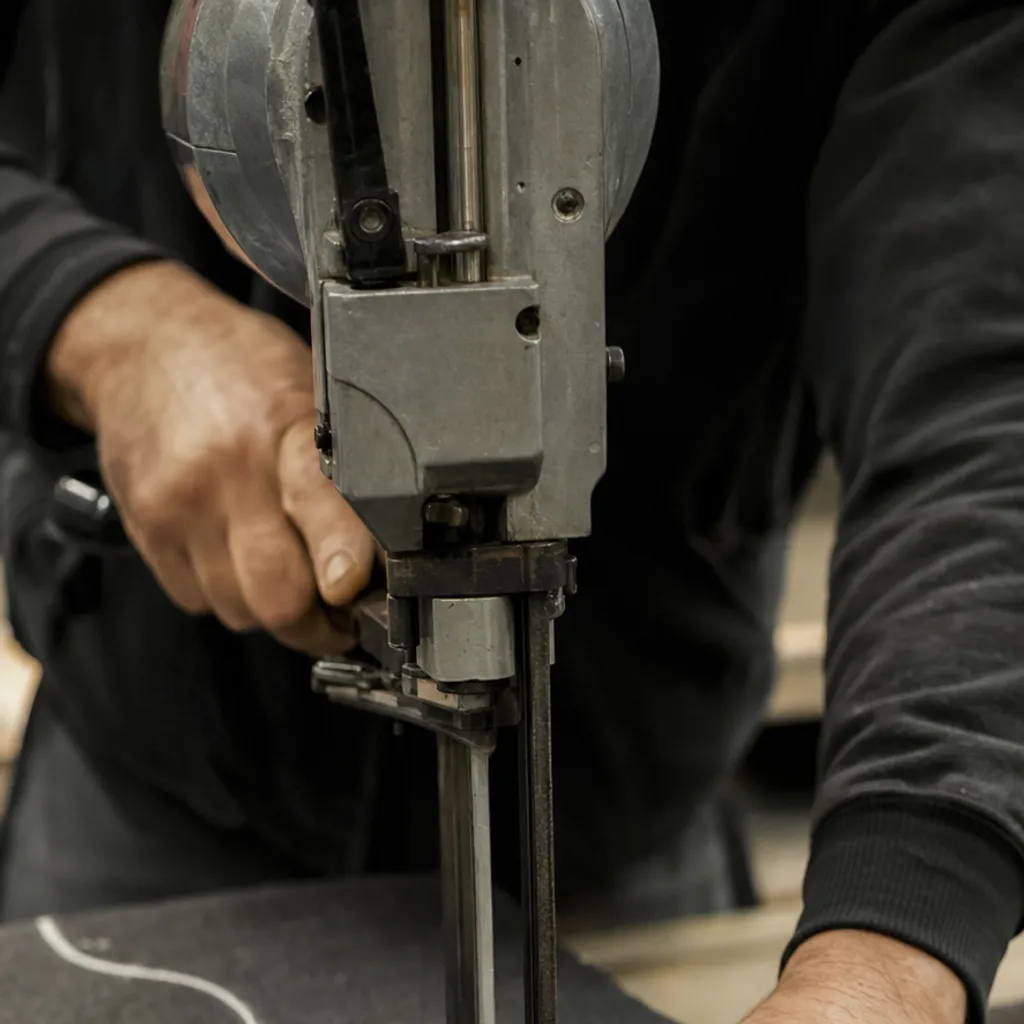 Hands guiding an electric fabric cutter along a chalked pattern on layered heavy cloth.