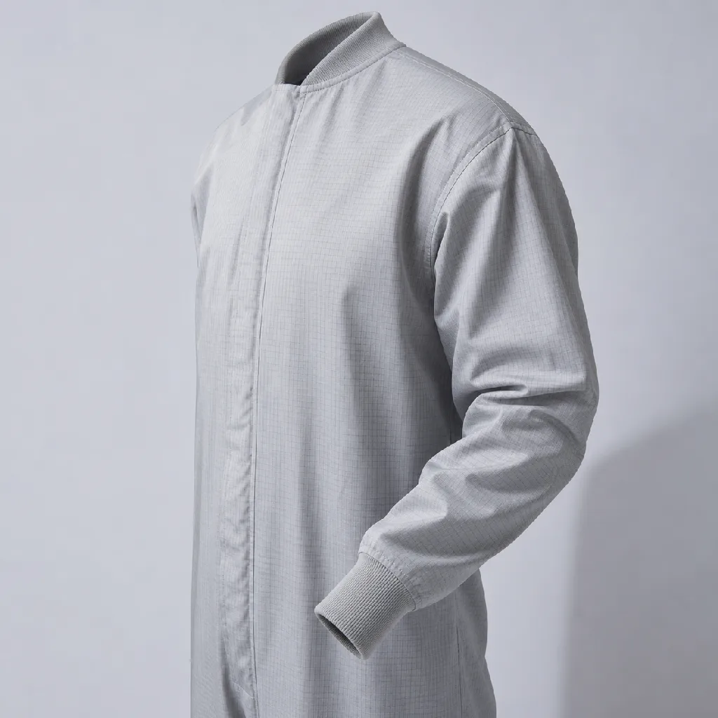 Three-quarter view of an anti-static cleanroom coverall showing snug knit cuffs and a full-length zip.
