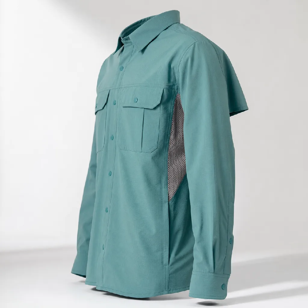 Three-quarter view of a teal quick-dry work shirt with a snap placket and vented back yoke.