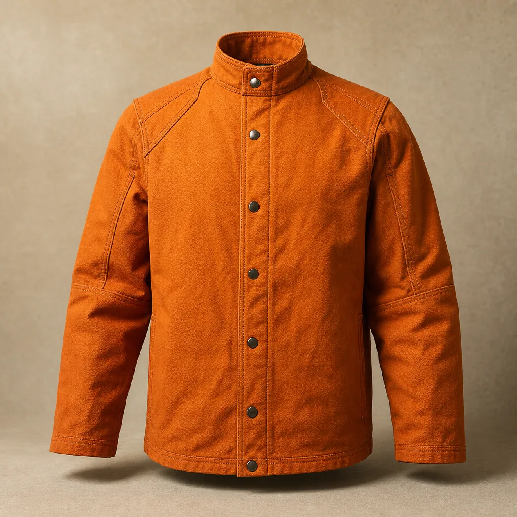 Rust-orange welding jacket in heavy cotton duck with reinforced shoulders and double-stitched seams.